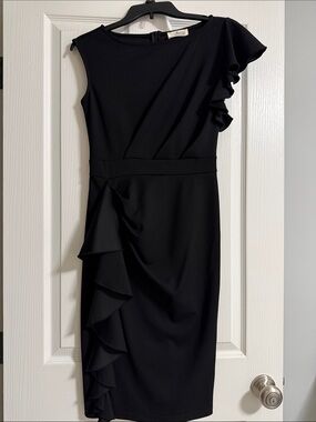 Vintage Black One-Shoulder Ruffle Midi Dress